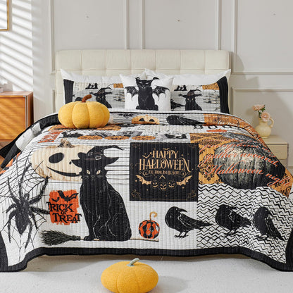 EVENHUG Halloween Theme King Size Quilt Bedding Set with 3 Pillow Shams Lightweight Soft Bedspread Coverlet Halloween Holiday Bed Cover for Bedroom Home Decoration (4 Pieces)