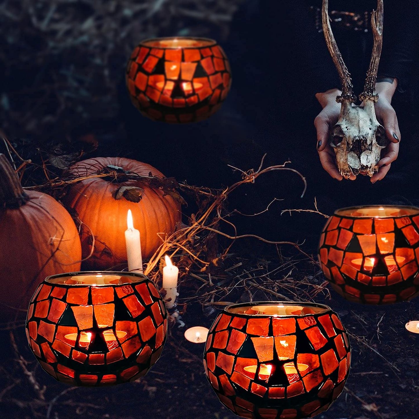SHMILMH Halloween Candles Holder Set of 4, Grimace Tealight Holders, Handmade Mosaic Pumpkin Glass Votive Candle Holders for Halloween Table Centerpiece Home Decor