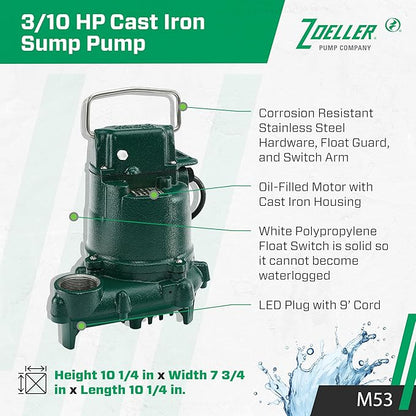 Zoeller M53 Mighty-mate Submersible Sump Pump, 1/3 Hp