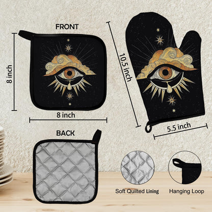 Mingnei Tarot Evil Eye Halloween Oven Mitts and Pot Holders Set, Heat Resistant Potholder Kitchen Decor for Cooking Baking BBQ Grilling, Goth Tarot Oven Glove Set, Gothic Witchy Gifts