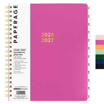PAPERAGE Academic Planner, Weekly & Monthly Planner & Calendar, 12-Months, July 2026 - June 2027, (9.5" x 11"), School & Student Planning Agenda with Tabs, Bonus Pages & Inner Pocket, Raspberry