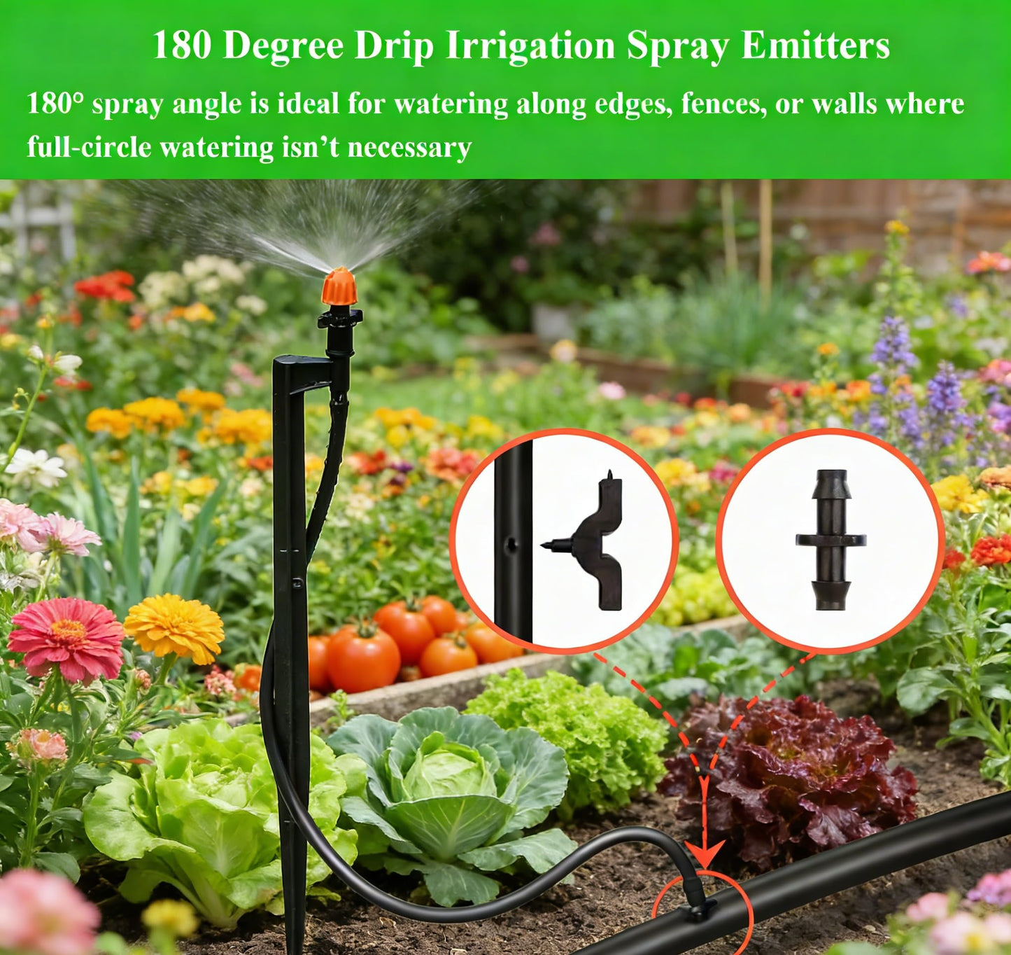 180 Degree Micro Drip Spray Emitters: 20 Set Drip Irrigation Sprinkler Heads on 12 Inch Stakes with 1/4" Tubing, Half Circle Pattern Drip Emitters for Garden Irrigation System