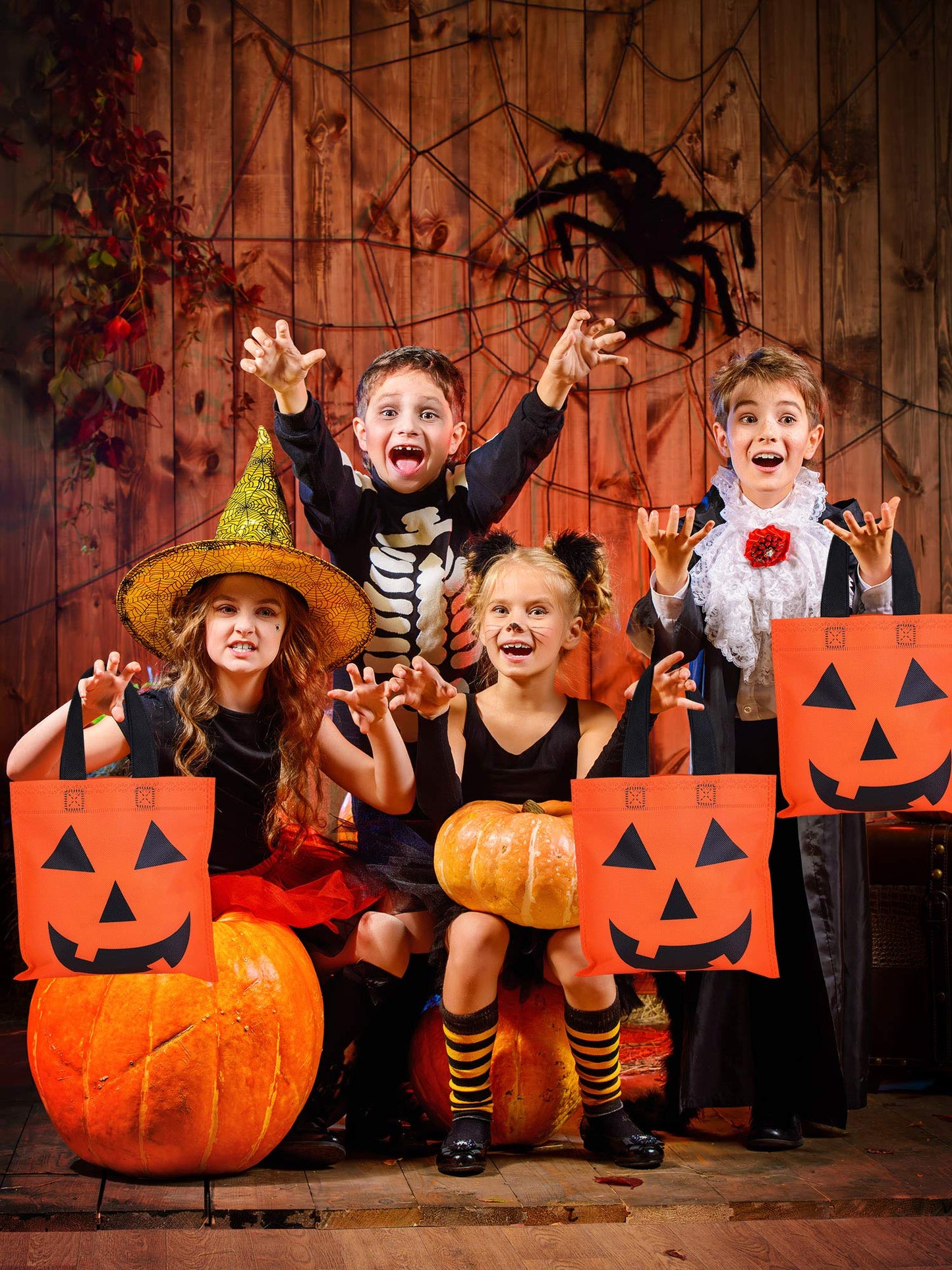 Boao 24 Pieces Halloween Lantern Pumpkin Tote Bags Non Woven Candy Bags for Halloween Party(12 x 12 Inch)