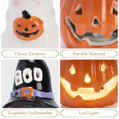 Valery Madelyn Halloween Decorations Indoor for Home, 2Pcs Ceramic Halloween Figurines with Light, Orange Jack o Lantern & White Ghost Decor with Spider Web Witch Hat for Table Tiered Tray, 4.1"