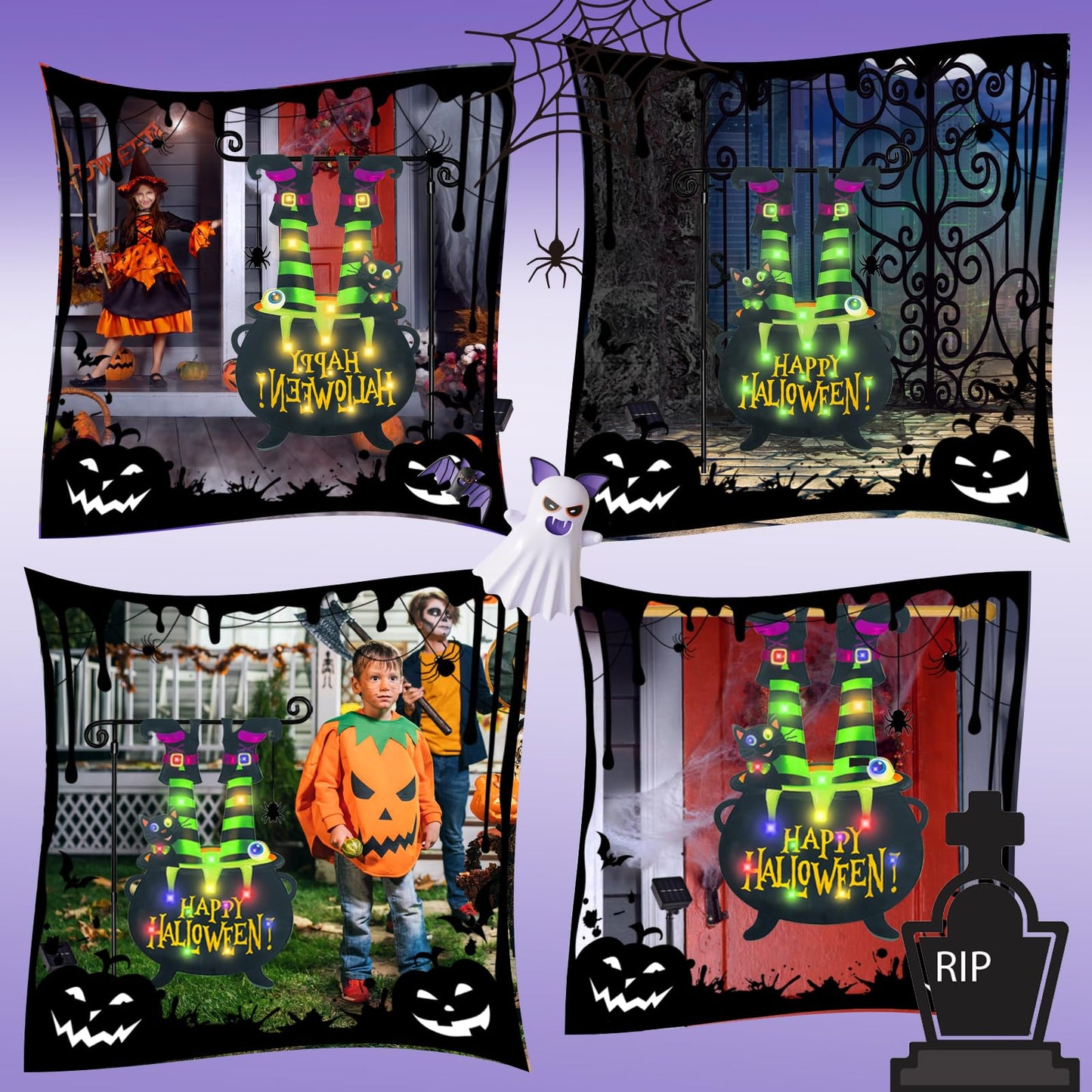 Halloween Lighted Garden Flag for Outside, Led Solar Yard Flag 8 Modes Witch Feet Shape Flag, 12x18 Double Sided Cauldron Eyeball Black Cat Decorations for Home Porch
