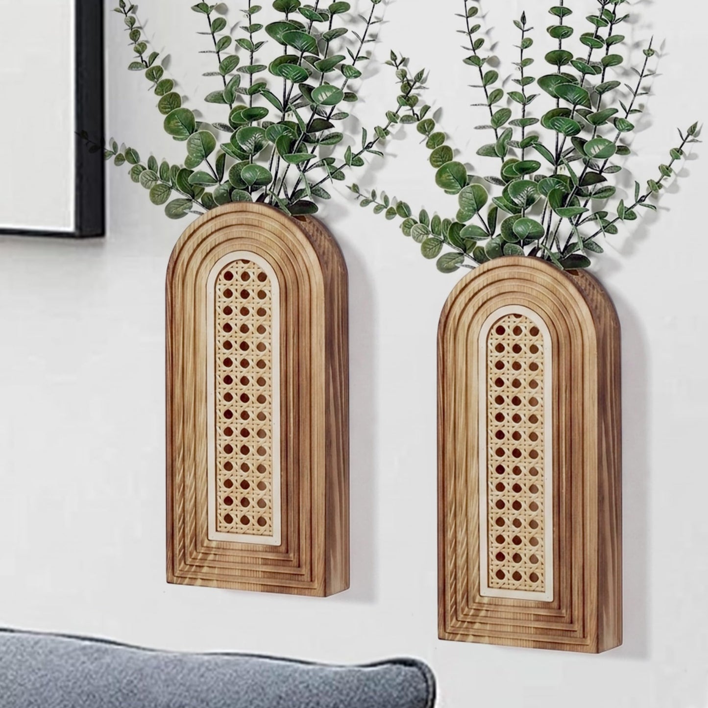 Dnnnii 2 Pack Wooden Wall Vase Set - Brown Finish Hollow Rattan Modern Farmhouse & Boho Wall Decor for Entryway, Hallway, Bathroom, Living Room, Dining Room, Narrow Spaces