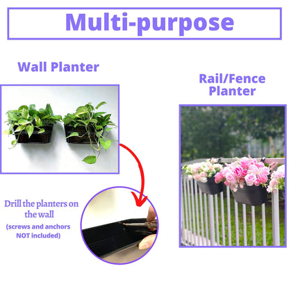 LaLaGreen Outdoor Rail Planter Plants (4 Pack, 11.2 Inch) Black Metal Iron Hanging Flower Pots Deck Railings Fence Buckets Modern Boho Style Wall Mount Window Box Plant Holder with Hooks Porch Decor