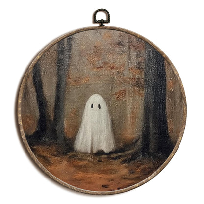 Yorhifa Halloween Ghost Framed Wall Art, Spooky Ghost Aesthetic Round Wall Art, Rustic Fall Forest Round Walls Decor, Farmhouse Gothic Circle Canvas Artwork Hanging Decor, 10x10in