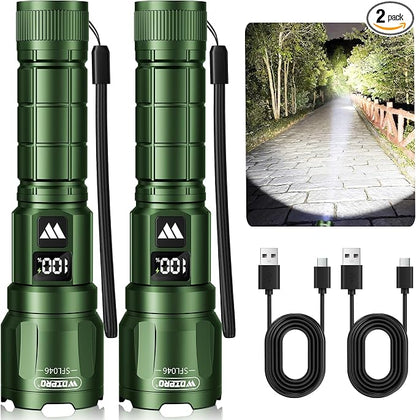 WdtPro LED Rechargeable Flashlight 2 Pack, 3 Modes Super Bright High Lumens Flashlights, Zoomable Tactical Flash Light with LCD Display, IP65 Waterproof Flashlights for Home Emergency Camping - Green