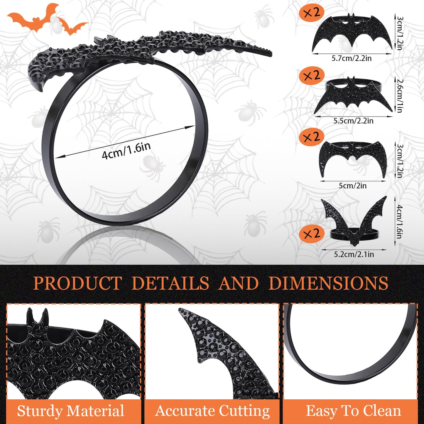 Whaline 16Pcs Halloween Bat Napkin Ring with Washable Orange Cloth Dinner Napkins 4 Designs Black Bat Metal Napkin Ring Holders for Home Dinner Table Setting
