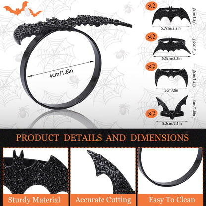 Whaline 16Pcs Halloween Bat Napkin Ring with Washable Orange Cloth Dinner Napkins 4 Designs Black Bat Metal Napkin Ring Holders for Home Dinner Table Setting