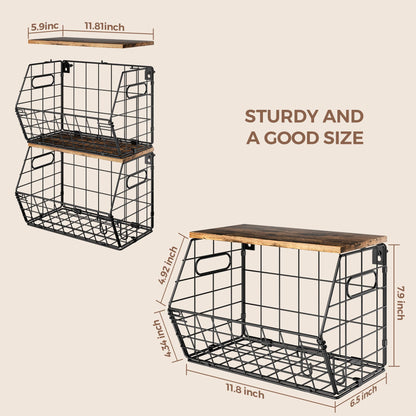 Delamu Stackable Metal Fruit Basket with Wood Lid 2 Pack, Hanging Wall Organizer for Kitchen Counter, Pantry Storage for Onions, Potatoes, Garlic, Fruits, Spices, Black