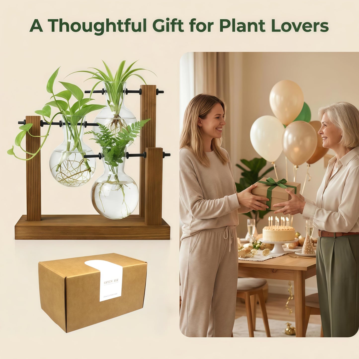 Plant Propagation Station with Glass Propagation Vases, Plant Propagation Jars in Wooden Stand, Hydroponic Vase for Plant Cuttings, Decorative Propagation Station for Home Desk Office