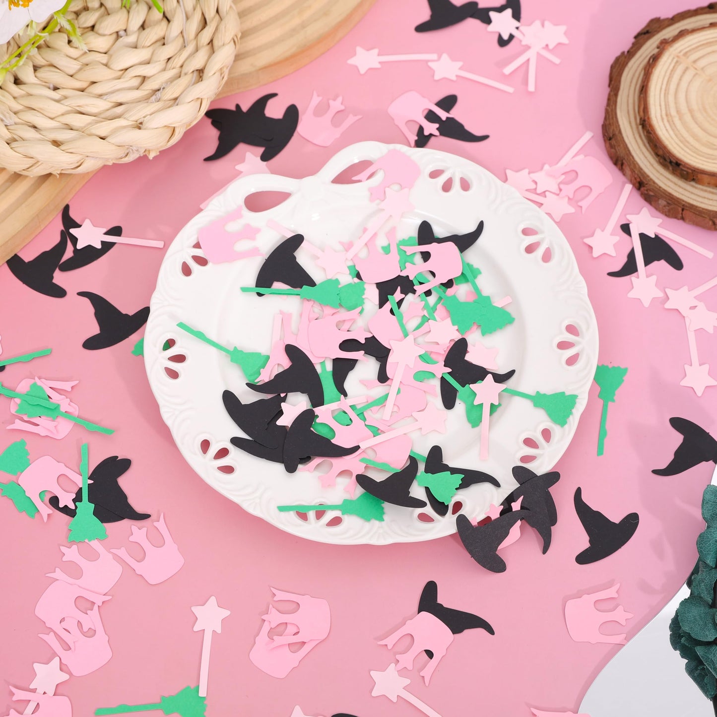 200Pcs Witch Themed Confetti - Magic Birthday Wedding Party Decorations,Pink Green Witches Table Centerpiece,Crown Broom Magic Wand Scatters Confetti,Good Bad Witch Party Photo Props