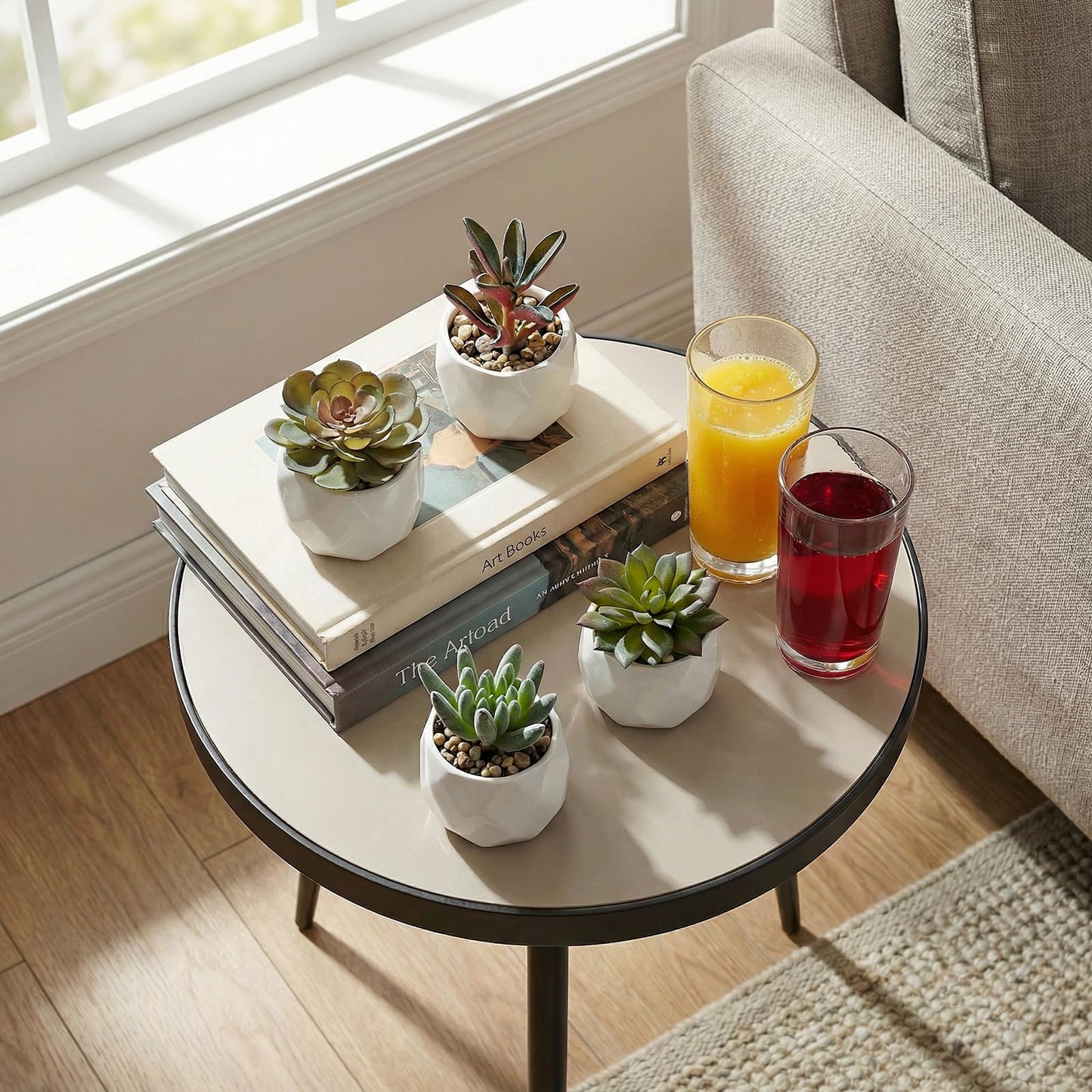 MyGift Miniature Artificial Succulents, Indoor Fake House Plants in Round White Geometric Ceramic Pots, Set of 4