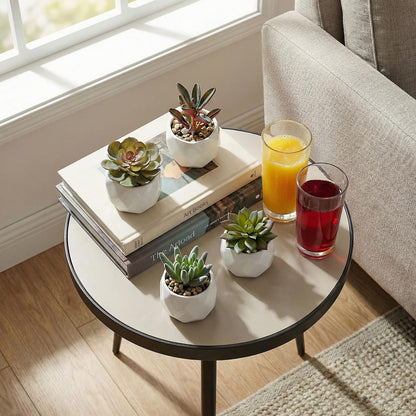 MyGift Miniature Artificial Succulents, Indoor Fake House Plants in Round White Geometric Ceramic Pots, Set of 4