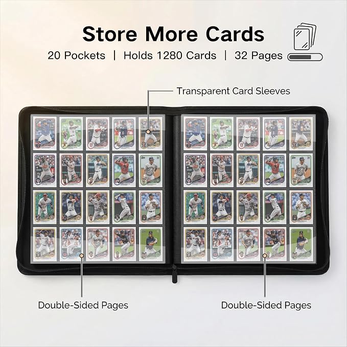 1280+ Cards 20 Pocket Card Binder Collector Card Album Trading Card Binder Ringless Trading Card Album Side Loading Compatible with TCG, Game & Sports Cards (Grey)