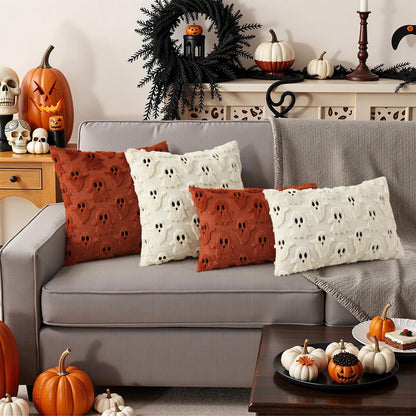 decorUhome Fall Halloween Ghost Pillow Covers 18x18 Inch Pack of 2 Soft Plush Faux Wool Textured Throw Pillow Covers Cute 3D Ghost Decorative Cushion Cases for Couch Sofa Bedroom Home Decor, Beige
