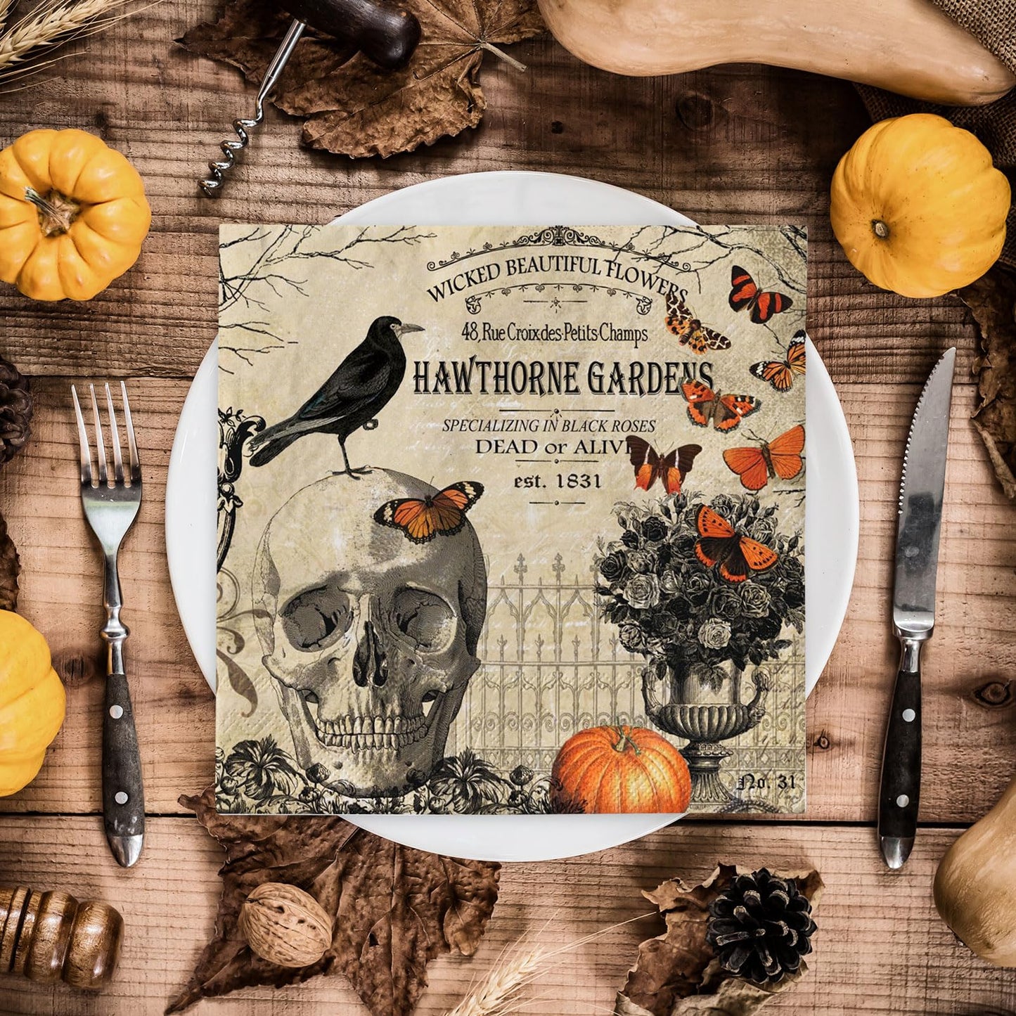 JarThenaAMCS 80Pcs Halloween Paper Napkin Vintage Skull Crow Luncheon Napkin Disposable Dessert Dinner Hand Napkin for Halloween Party Supplies