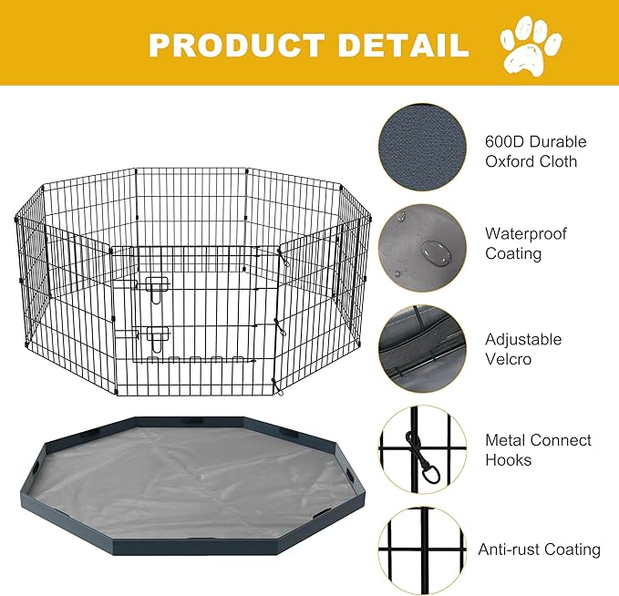 Foldable Dog Playpen, 24x30in 8 Panels Metal Pet Exercise Fence with Botton Pad, Dog Play Pen for Indoor Outdoor, Heavy-Duty Pet Fence Puppy Crate Kennel with Door for Small Medium Pets
