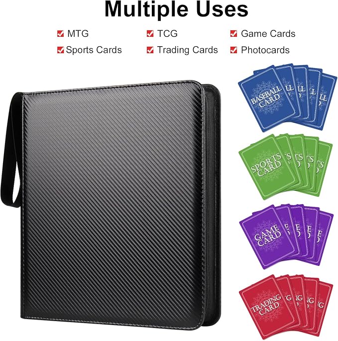 GEAoffice 12 Pocket Card Binder for 720 Cards, Premium PU Zipper Trading Card Collection Binder, Side Loading Card Album Folder for YuGiOh, MTG, TCG, Game & Sports, Non-PVC, Carbon Black