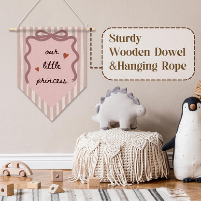 RUKUPA Pink Bow Girl Nursery Wall Art Decor, Preppy Girly Hanging Pennant Flag, Our Little Princess Pink Striped Wall Art Poster Hanger for Toddler Girls Room Bedroom Decor, 11x15 Inch