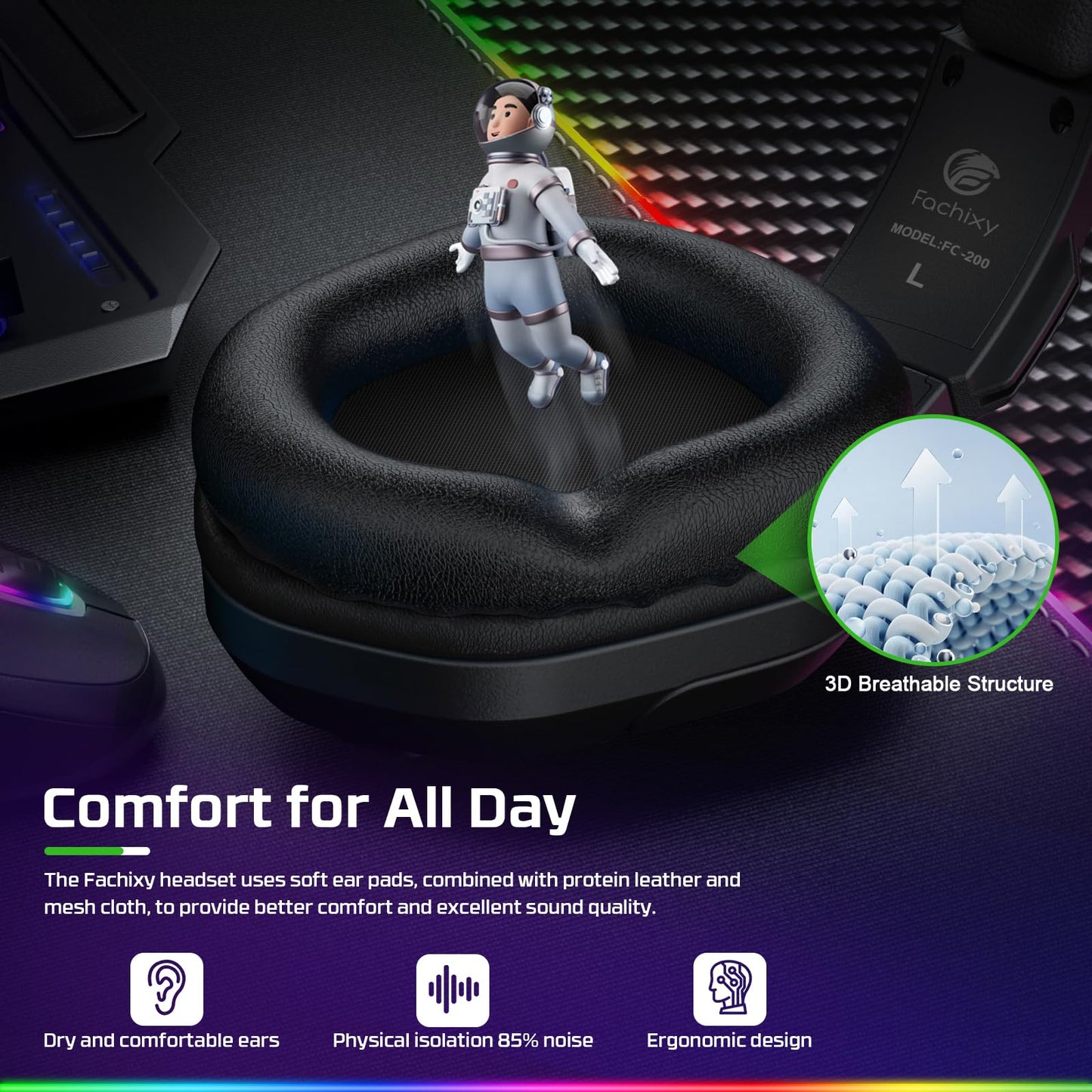 Fachixy FC200 PC Gaming Headset for PS4, PS5, Switch, Xbox One, Mac, Noise Canceling Headphones with Microphone, Computer Headset with 3.5mm Jack & RGB Light