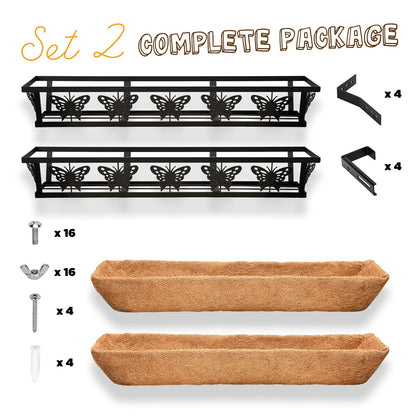TPHUC Window Box Railing, 24IN Black Metal Hanging Flower Planter Basket with Coco Liner for Outdoor Balcony Porch Fence Patio for Home, Office and Hotel (Black - 2 Pcs/Set)