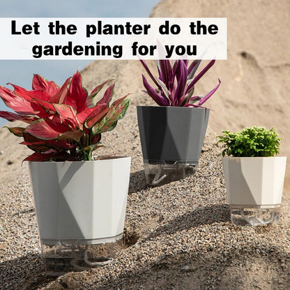 BovcTrraann 4 Packs Self Watering Plant Pots, Plastic Flower Pots with Drainage Hole and Saucer, Self Watering Planters for Indoor Outdoor Garden Plants, African Violet, Herbs (White, 5")