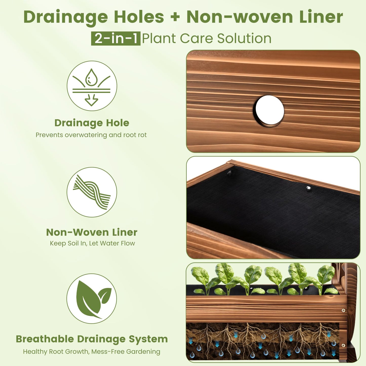 Ultym Wooden Wagon Planter Box, Extra Large 2-Tier Decorative Flower Cart with Wheels, Rustic Wood Planter with Drainage Holes & Non-Woven Liner, Raised Garden Bed for Flowers Herbs Vegetables