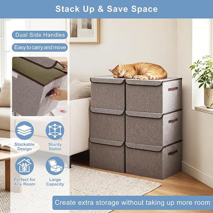 Bagnizer Large 22 Quart Linen Fabric Foldable Storage Bin Cube Organizer Basket with Flip-Top Lid & Handles, Clothes Blanket Box for Home, Office, Closet, Gray, 4 Pack 14.6 x 9.5 x 9.5”