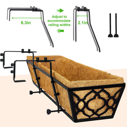 HFHOME 24 Inch Deck Railing Planter Box with Horse Trough Coco Liner, 24" Window Boxes with Coconut Coir Liner, Black Metal Hanging Flower Planter Basket for Outdoor Indoor Lawn - 4 Pack