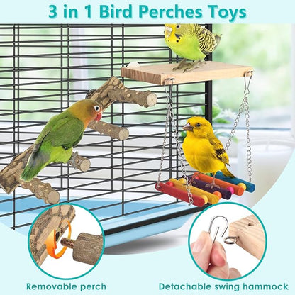 DBNESS 3in1 Bird Perch Toys for Parrots, Wooden Ladder Perch for Cage, Parrot Platform Stand Colourful Swing Hammock Climbing Bridge Exercise Cage Accessories for Budgies Cockatiels Lovebirds Hamster