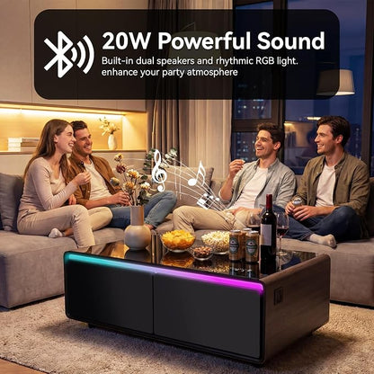LIVTAB Smart Coffee Table, 27.8" D x 51" W x 18.1" H, Living Room Table with Built in Fridge and Speakers, Smart Table with 15W Wireless Charging, USB Chargers and 110V Outlets (Brown)