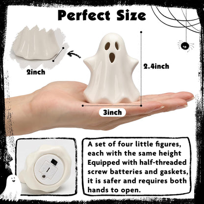 4PCS Ceramic Ghost Light Up Decor, Cute Ghost Halloween Decor, Small White Ghost Figurine Timer Led Ghost Figurines for Desk Tabletop Centerpieces，Halloween Decoration Indoor