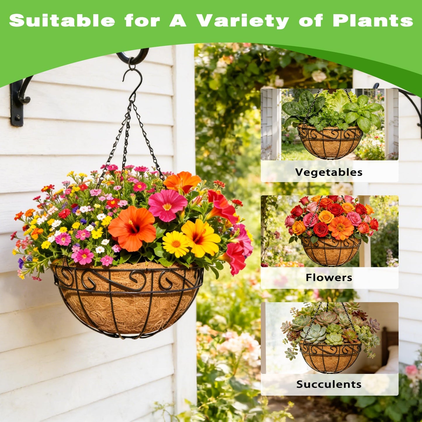 ZVOWOS 2 Pack 12 Inch Black Metal Hanging Basket Hanging Planter with Coco Coir Liner Heavy Duty Hanging Flower Pot Holder for Indoor Outdoor Patio Garden Porch Balcony Decor (Lace)