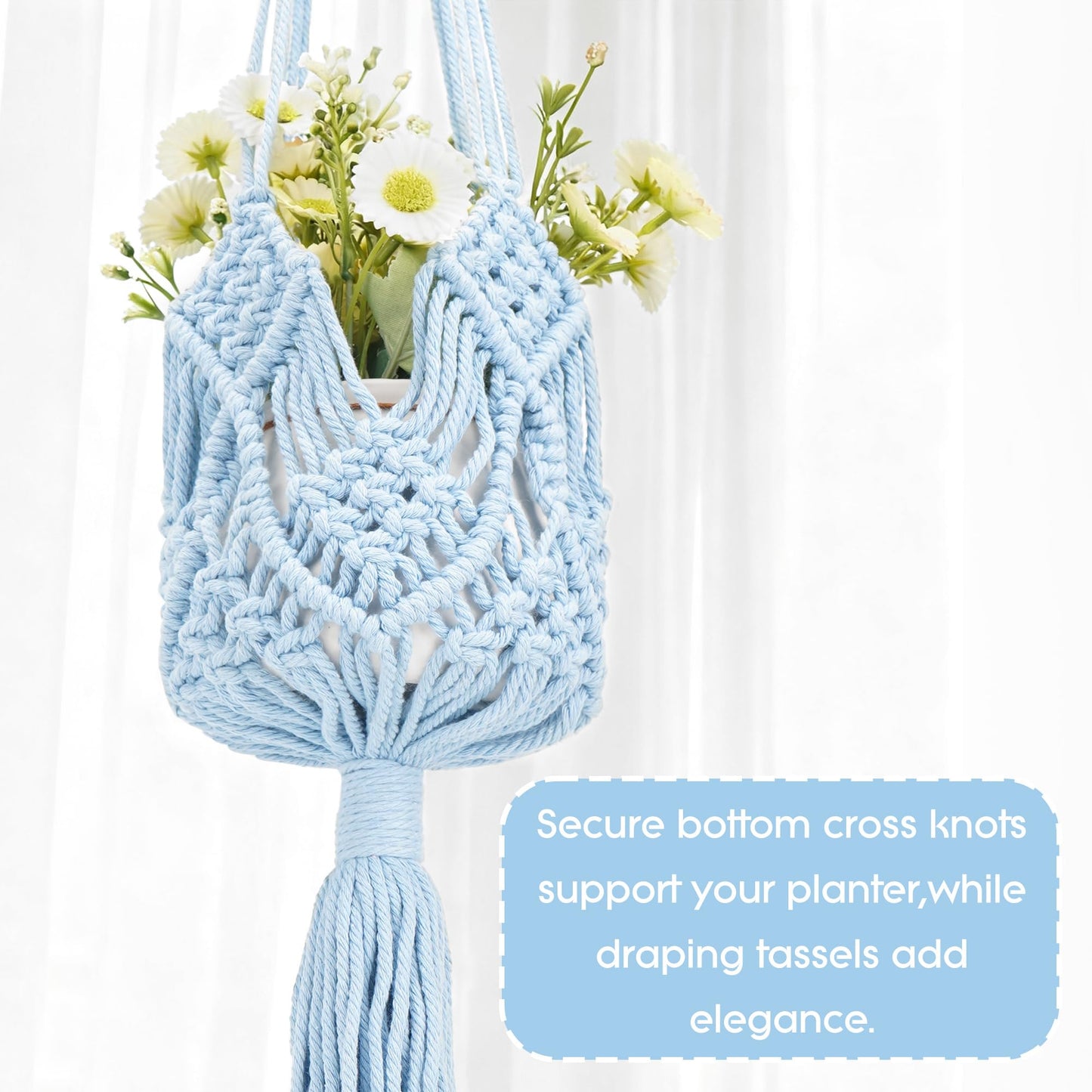 BUNCHBRAVO 2 Pack Macrame Plant Hangers, 33-Inch Cotton Rope Hanging Planters with Diamond Design, Boho Home Decor for Indoor and Outdoor Use, Blue
