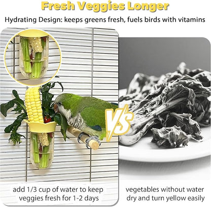 Bird Cage Feeder for Vegetable, Parrot Veggies Holder with Water-Storage Design to Keep Greens Fresh, No Mess Hanging Millet Feeder for Parakeet, Quick Clean Clip, No Spill Feeders for Parrots