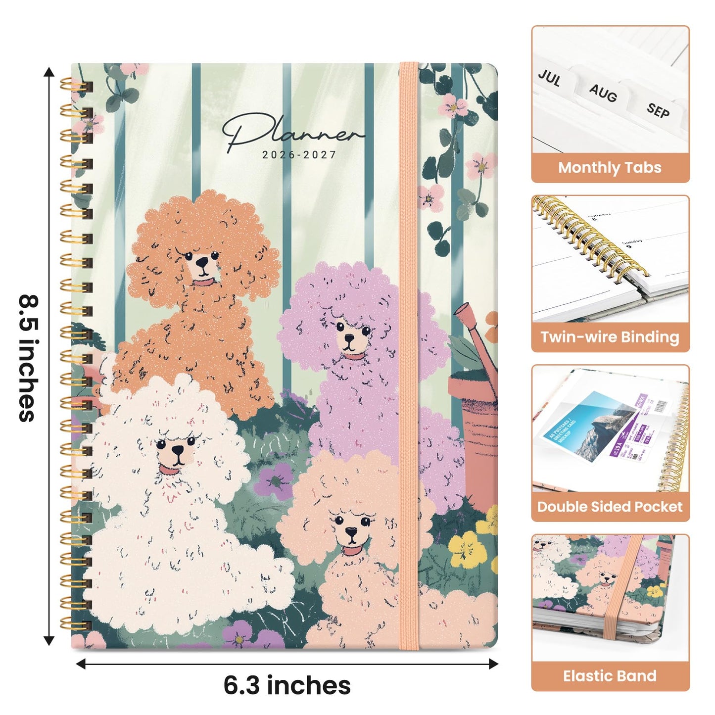 Planner 2026–2027, Weekly & Monthly Academic Organizer for School Year, Jul 2026–Jun 2027, Hardcover Planner with Tabs, Back to School Essential, 6.3" x 8.5", Poodle Garden