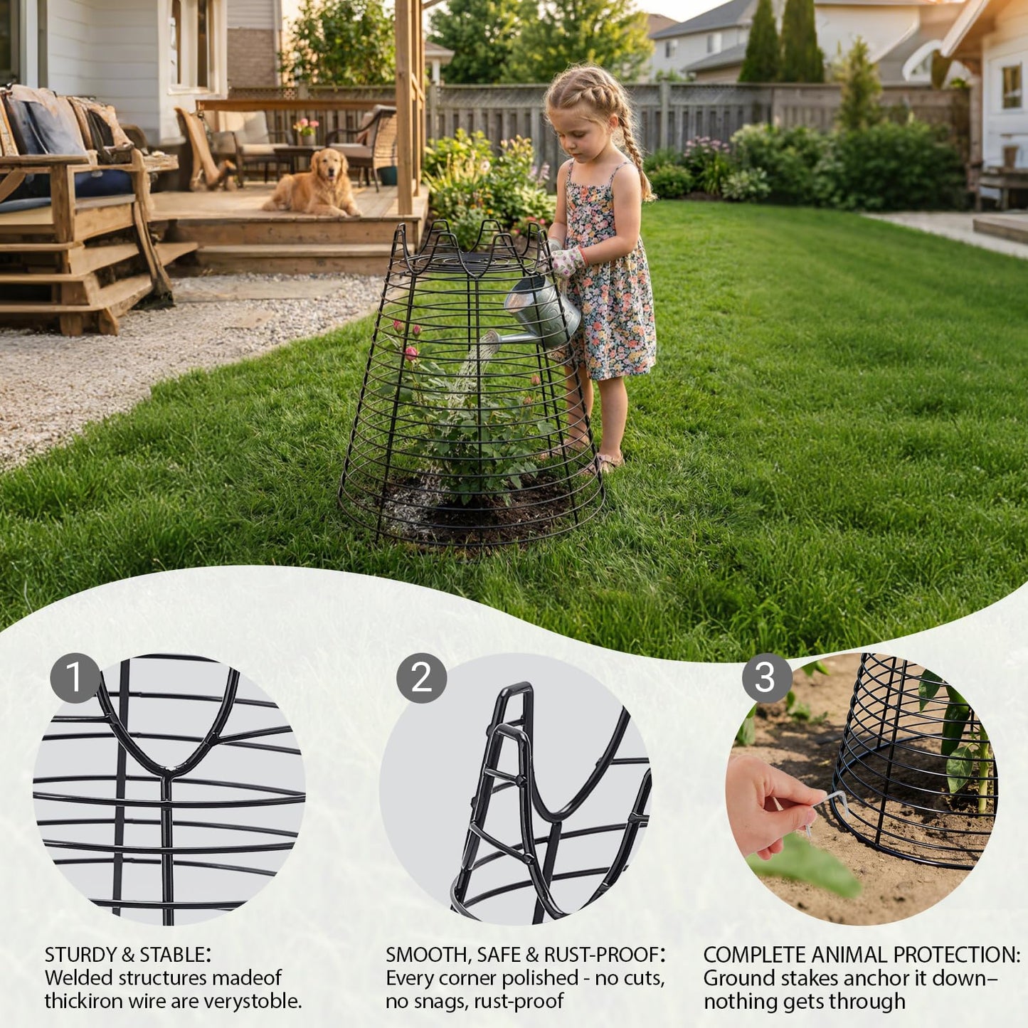 Qaobo 4 Pcs 11.6"×11.6" Plant Protectors from Animals, Sturdy Metal Plant Cages for Outdoor Plants, Reusable Wire Garden Cloches, Plant Protector to Keep Squirrels, Rabbits, Birds, Black