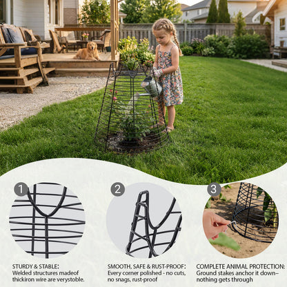Qaobo 4 Pcs 11.6"×11.6" Plant Protectors from Animals, Sturdy Metal Plant Cages for Outdoor Plants, Reusable Wire Garden Cloches, Plant Protector to Keep Squirrels, Rabbits, Birds, Black