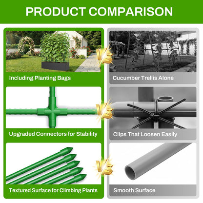 U-Shape Cucumber Trellis with Grow Bag, 64" Tall Metal Garden Trellis for Climbing Plants Outdoor, Reusable Cucumber Trellis for Raised Bed with Garden Netting for Tomatoes, Peas, Plant Vines Support