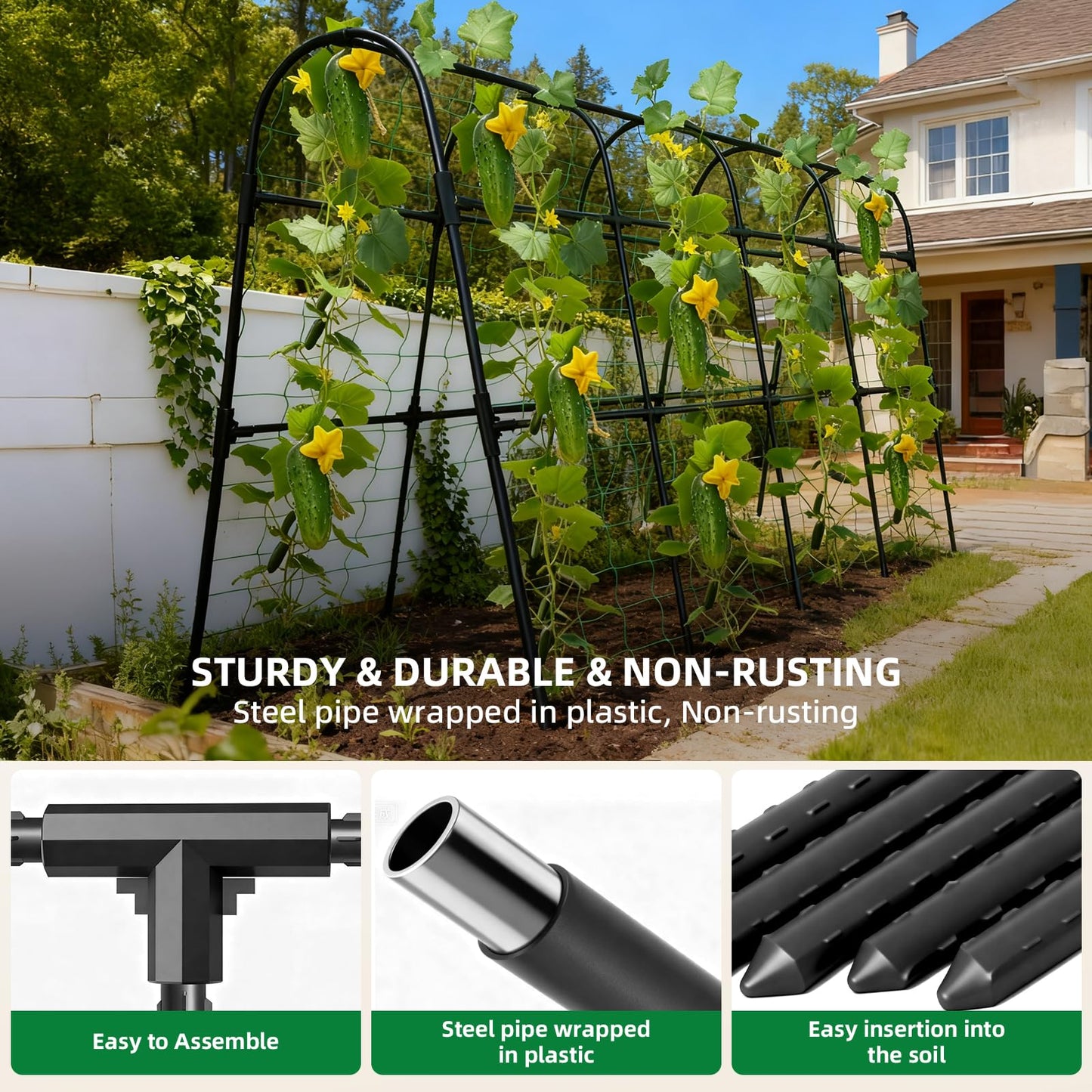 Laodier Cucumber Trellis for Raised Bed, U-Shape Garden Arch Metal Support for Climbing Plants, Metal Arch Plant Support Vegetables Trellis, Plant Support for Vine Outdoor(Black, 63*30*47inch(L*W*H))