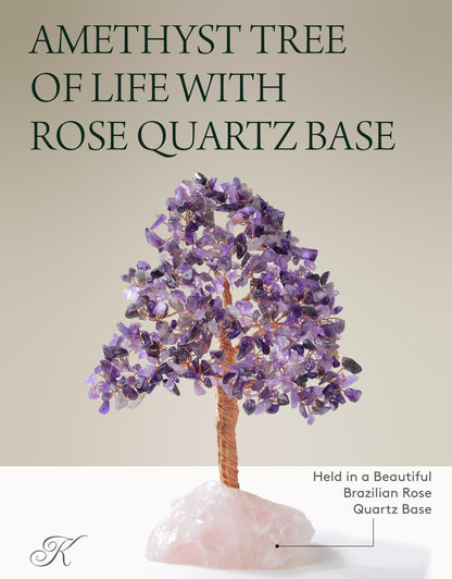 KALIFANO Premium Natural Amethyst (414 Gemstone Count) Chakra Crystal Tree with Rose Quartz Base with Healing Properties - Bonsai Feng Shui Money Tree for Positive Energy, Luck and Wealth