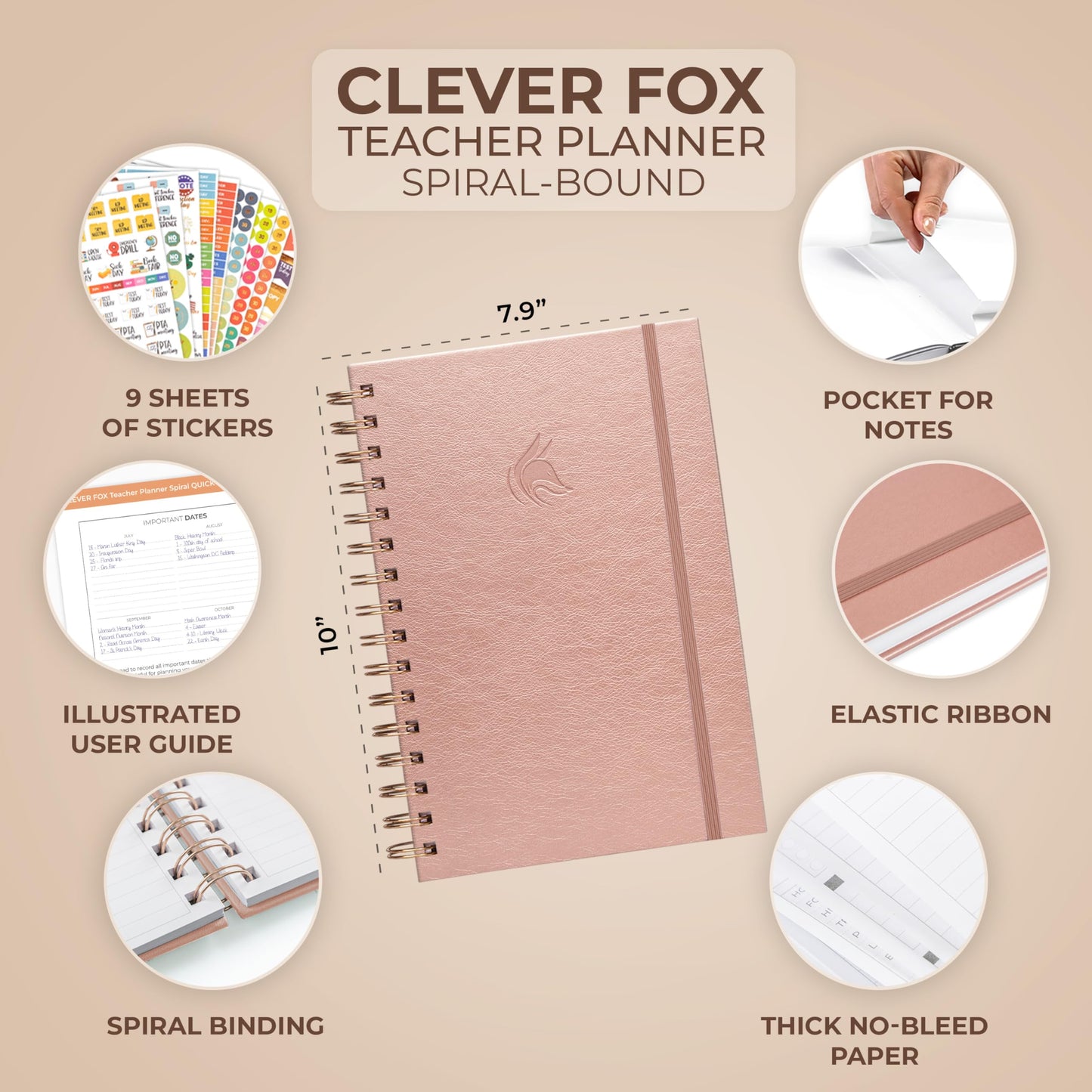 Clever Fox Teacher Planner Spiral – School Year Planner with Calendars & Lesson Plans – Teacher Plan Book for Classroom & Homeschool Organization - Undated, 7.9x10″ (Rose Gold)