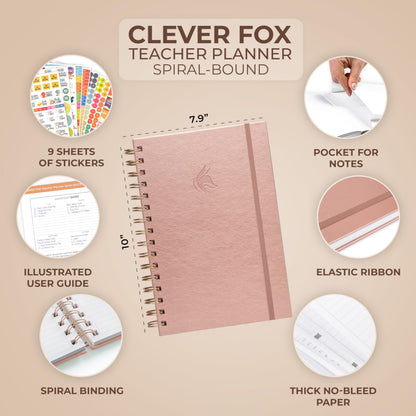Clever Fox Teacher Planner Spiral – School Year Planner with Calendars & Lesson Plans – Teacher Plan Book for Classroom & Homeschool Organization - Undated, 7.9x10″ (Rose Gold)