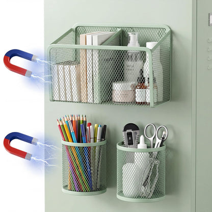 Marspark 3 Pcs Magnetic Pen Holder Set Metal Pencil Holder with Strong Magnets Wire Mesh Storage Basket Organizer for Locker Accessories Whiteboard Refrigerator School Office Dorm(Sage Green)