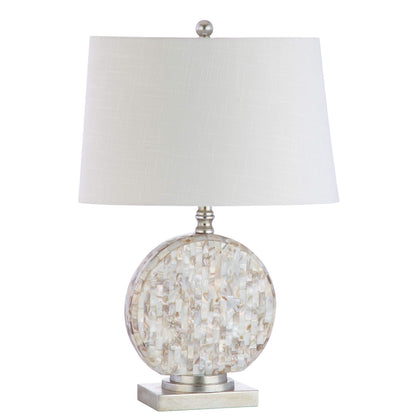 JONATHAN Y 24" Dennis Cream Mother-of-Pearl Seashell Table Lamp, Coastal Traditional Bedside Lamp for Living Room Bedroom, White Linen Drum Shade, LED Bulb Included JYL1050A