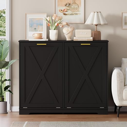 Double Tilt Out Trash Can Cabinet, Wooden Farmhouse Kitchen Garbage Bin Enclosure with Negative Ion Odor Control, Hidden Dog Proof Trash or Laundry Basket Storage for Laundry Room, Black