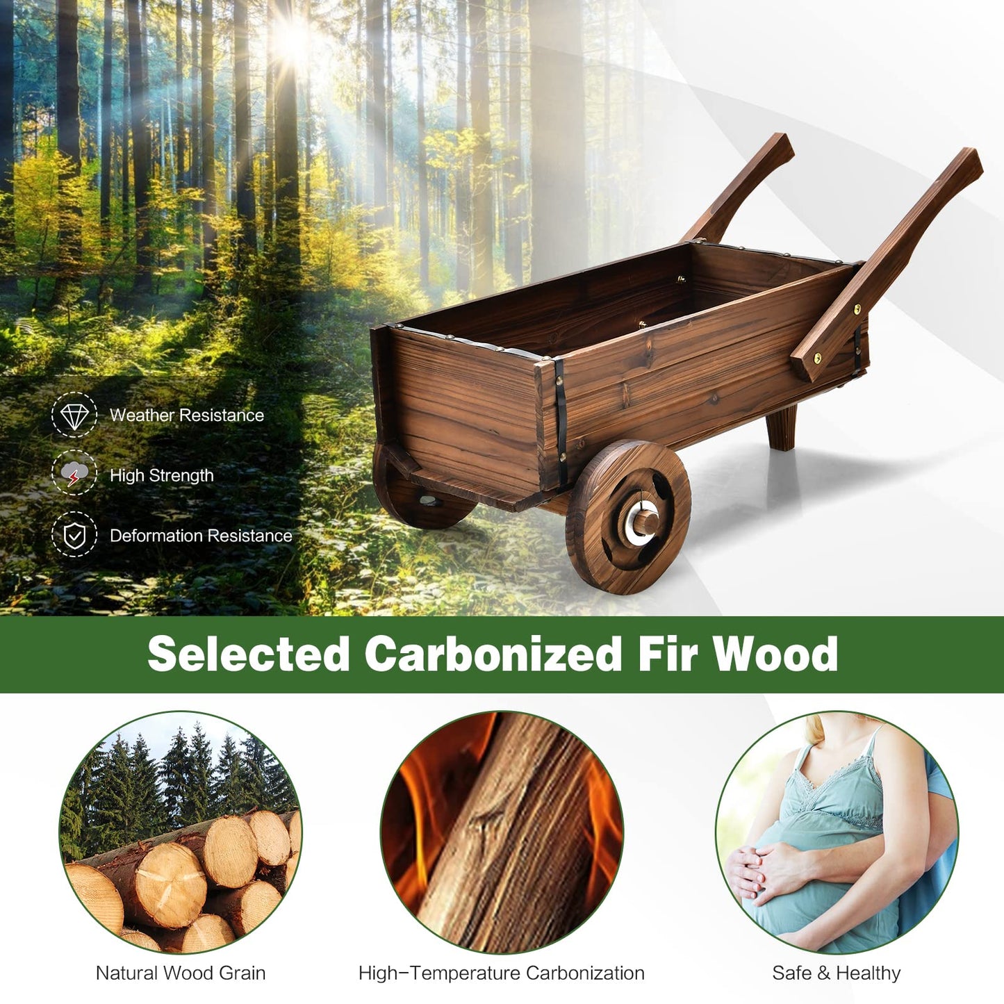 Giantex Wooden Wagon Planter Box, Decorative Wagon Cart with Wheels, Handles, Drainage Hole, Flower Planter Pot Stand, Rustic Flowerpot Planter, Indoor & Outdoor Garden Patio Balcony